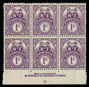 AUSTRALIAN COLONIES & STATES - General & Miscellaneous Lots: Northern Territory - Revenues: 1966 1c Stamp Duty Authority Imprint block of 6, couple of gum creases not visible on face, MUH. Imprints blocks are seldom offered.
