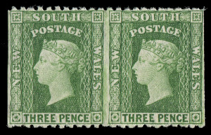 NEW SOUTH WALES: 1882-97 (SG.226da) 3d yellow-green horizontal pair IMPERFORATE BETWEEN STAMPS, fresh MUH, Cat.£700++