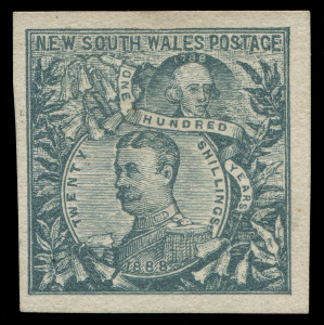 NEW SOUTH WALES: 1888 Centennial Colour Trials: extensive range in a wide variety of colours on ungummed, unwatermarked paper comprising 1d Sydney View (4), 2d Emu (6), 4d Captain Cook (6), 6d Shield (10), 8d Lyrebird (8), 1/- Kangaroo (6), 5/- Map (1), and 20/- Carrington (10), a few small blemishes, generally very fine. A very challenging group to assemble.