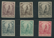 NEW SOUTH WALES: 1888 Centennial Colour Trials: extensive range in a wide variety of colours on ungummed, unwatermarked paper comprising 1d Sydney View (4), 2d Emu (6), 4d Captain Cook (6), 6d Shield (10), 8d Lyrebird (8), 1/- Kangaroo (6), 5/- Map (1), a - 4