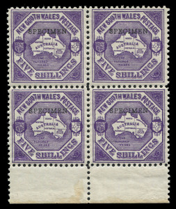 NEW SOUTH WALES: 1888-90 Centenary reprint of 5/- Map in bright violet in a marginal block of 4, each unit with serifed 'SPECIMEN' overprint, minor gum staining in margin only, full unmounted gum. Very fresh.