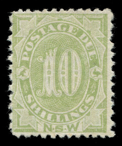 NEW SOUTH WALES: Postage Dues: 1891-97 (SG.D9a) 10/- green Perf. 12x10, few nibbed perfs, unused, BW: ND36 - Cat.$1250. [This stamp is only recorded in mint/unused condition and is derived from the single pane of 60 delivered in 1900]