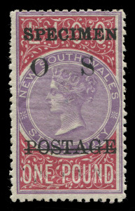 NEW SOUTH WALES - Officials: 1887-90 Wmk NSW £1 lilac & claret perf.12, 'OS' overprint (7mm spacing) in black, with Type 7 serifed 'SPECIMEN' overprint also in black, large-part o.g. [Only 100 prepared in January 1894 on a reprint of the basic issue.]