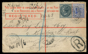 NEW SOUTH WALES - Postal Stationery: Envelopes:1891 Three Pence Size F (H&F.7) with McCorquodale & Co/Limited Patentees flap at left comprising 41mm boxed 'REGISTERED' (5, three are used) and 42.5mm 'REGISTERED' (2, unused & used). The used examples comprise 1895 Sydney to Jersey with QV ½d (5) added, 1896 Gulgong to Tasmania with 2d added, 1895 to Germany (adhesive missing) & 1899 Frederickton to England with 2d & ½d added. (7 items)