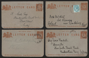 NEW SOUTH WALES - Postal Stationery: Letter Cards: 1908 1½d red on grey with two lines of text (H&G.8) unused (2) and used (8), in various stock types/shades, including usedd example to England uprated with QV ½d. (10 items)