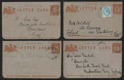 NEW SOUTH WALES - Postal Stationery: Letter Cards: 1908 1&frac12;d red on grey with two lines of text (H&G.8) unused (2) and used (8), in various stock types/shades, including usedd example to England uprated with QV &frac12;d. (10 items)