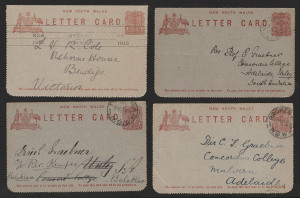 NEW SOUTH WALES - Postal Stationery: Letter Cards: 1911 "Record Reign" series in red on grey with no instructional text and pink interior (H&G.10), comprising six used examples, all but one to interstate destinations.