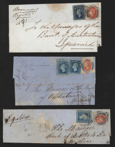 NEW SOUTH WALES - Postal History: 1856-59 group of part entires (5) two franked with imperf 6d Registered plus single 2d Diadems (one with straight-line 'REGISTERED/ARMIDALE' handstamp) another with 6d Registered plus two 2d Diadems; also two items with single imperf 2d Diadem frankings; mixed condition. (5 items)