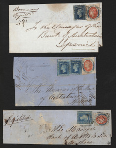 NEW SOUTH WALES - Postal History: 1856-59 group of part entires (5) two franked with imperf 6d Registered plus single 2d Diadems (one with straight-line 'REGISTERED/ARMIDALE' handstamp) another with 6d Registered plus two 2d Diadems; also two items with s