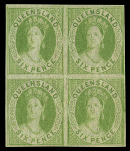 QUEENSLAND: 1868-78 (SG.92a) 6d pale apple-green, IMPERFORATE block of 4, fresh rich colour and with good, even margins all round, unused, Cat.£1400+.