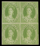 QUEENSLAND: 1868-78 (SG.92a) 6d pale apple-green, IMPERFORATE block of 4, fresh rich colour and with good, even margins all round, unused, Cat.&pound;1400+.