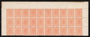 QUEENSLAND: 1890-96 multiples selection with 1890 2d pale blue (retouched plate) SG.190 corner block of 18 (6x3), 1895 Watermaked Thick Paper 1d red-orange SG.203 block of 30 (10x3) from top of the sheet and a lower-right corner block of 42 (6x7), Unwatermarked Paper Burele Band 1d vermilion-red SG.206 corner block of 42 (6x7), Thin Paper Impressed Wmk 1d orange-red (SG.228) corner block of 15; all items with sheet margins intact, MUH, Cat.£690++. (5 items)