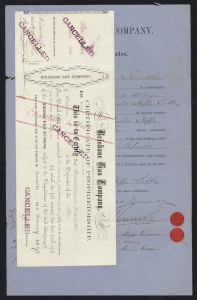 QUEENSLAND - Revenues: Stamp Duty - 1870-72 Brisbane Gas Company share transfer certificates (4) all with Stamp Duty issues attached comprising 1870 with Large Format 10/- & 2/6d (damaged), 1870 with Large Format 5/- yellow pair, 1872 with Large Format 2/6d pair, 1872 with Large Format 6d plus Small Format 1/- (12); scarce group "on cover". (4 items)