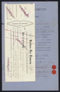 QUEENSLAND - Revenues: Stamp Duty - 1870-72 Brisbane Gas Company share transfer certificates (4) all with Stamp Duty issues attached comprising 1870 with Large Format 10/- & 2/6d (damaged), 1870 with Large Format 5/- yellow pair, 1872 with Large Format 2