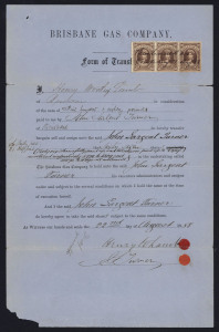QUEENSLAND - Revenues : Stamp Duty - 1879-88 Brisbane Gas Company share transfer certificates (6) comprising 1879 with Small Format 10/- & 2/6d, 1879 (two forms) with 10/-, 5/- & 2/6d and 10/- & 5/-, Large Chalons attached to 1885 form with 5/- & 10/- a