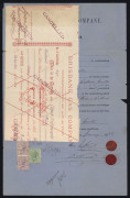 QUEENSLAND - Revenues : Stamp Duty - 1879-88 Brisbane Gas Company share transfer certificates (6) comprising 1879 with Small Format 10/- & 2/6d, 1879 (two forms) with 10/-, 5/- & 2/6d and 10/- & 5/-, Large Chalons attached to 1885 form with 5/- & 10/- a - 2