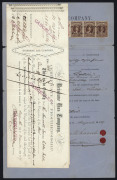 QUEENSLAND - Revenues : Stamp Duty - 1879-88 Brisbane Gas Company share transfer certificates (6) comprising 1879 with Small Format 10/- & 2/6d, 1879 (two forms) with 10/-, 5/- & 2/6d and 10/- & 5/-, Large Chalons attached to 1885 form with 5/- & 10/- a - 3