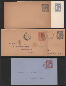 QUEENSLAND - Postal Stationery: PTPO Envelopes: 1895-1901 group unused (2) or used (3) with 1d or 2d impressions on brown (3), cream or blue stock. Minor rust faults on some. (5)