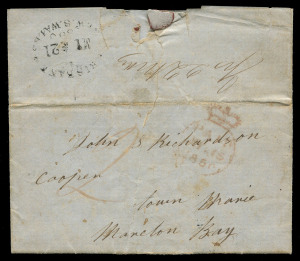 QUEENSLAND - Postal History: Moreton Bay District: 1850 (May 15) folded empire from Sydney to a cooper at Moreton Bay, via Brisbane, rated "2" in red manuscript, Sydney (Crown)/PAID 'MY15/1850' datestamp in red and BRISBANE.N.S.W. 'MY*21/1850' oval datestamp in black; minor repaired faults.
