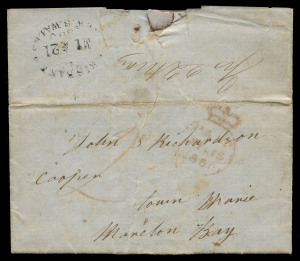 QUEENSLAND - Postal History: Moreton Bay District: 1850 (May 15) folded empire from Sydney to a cooper at Moreton Bay, via Brisbane, rated "2" in red manuscript, Sydney (Crown)/PAID 'MY15/1850' datestamp in red and BRISBANE.N.S.W. 'MY*21/1850' oval datest