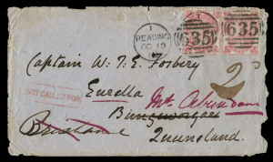QUEENSLAND - Postal History: 1863 (Oct.19) inwards cover from England to Bungeworgerai with GB Small Uncoloured Letters 3d pale carmine-rose (2, SG.Cat £600 on cover) tied by Reading '635' duplex cancels, boxed 'NOT CALLED FOR' applied on arrival, mss "2d