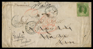 QUEENSLAND - Postal History: 1875 (May 5) cover to France endorsed "via San Francisco" franked with 6d Chalon (another aparently lost in transit), Paris arrival datestamps on reverse, re-directed to England where LONDON & BRIGHTON datestamps applied, backflap missing and some small tears, otherwise fine.