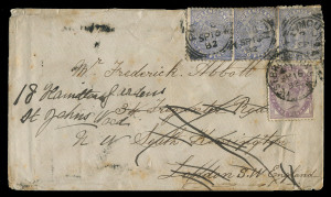 QUEENSLAND - Postal History: 1882 cover to London with First Sidefaces 2d strip of 3 cancelled on arrival in England with PLYMOUTH 'SP15/82' squared-circle datestamp, GB 1d lilac added and tied by WEST BROMPTON datestamp for re-direction to St Johns Wood,