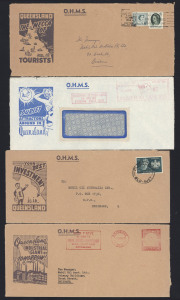 QUEENSLAND - Postal History: 1950s-1960s selection of the Queensland quirky initiative Propaganda envelopes, including scarcest The Mecca of Tourists, deleted £ symbol during Decimal era, and related Road Safety designs, mostly from more than one Govt Dept, no duplication, generally stamped or with Meter or Paid slogan cancels, some mixed condition, generally good. (62)