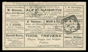 SOUTH AUSTRALIA - Postal History: 1904 (Mar 1) Weir & Co (Watchmakers & Jewellers) advertising cover from Jamestown to Kadina, all-over advertising on reverse for various Jamestown businesses, backstamps for PETERSBURG, EXPRESS RAILWAY, KADINA RAILWAY & KADINA.