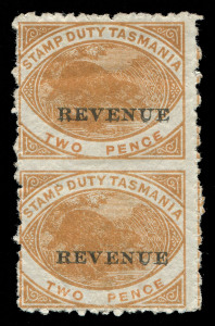 TASMANIA - Revenues: Revenues: 1900 2d Platypus Stamp Duty vertical pair IMPERFORATE HORIZONTALLY between stamps, the lower unit MUH. Rare.