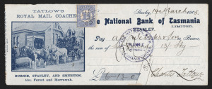 TASMANIA - Revenues: 1905-13 National Bank of Tasmania cheques (5) with illustrations for Tatlow's Royal Mail Coaches (2 types), three with 1d Numeral revenues added, two with albino 1d Duty impressions; also 1906 cheque for Independent Order of Oddfellows with 1d Numeral Stamp Duty added. (6 items)
