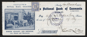 TASMANIA - Revenues: 1905-13 National Bank of Tasmania cheques (5) with illustrations for Tatlow's Royal Mail Coaches (2 types), three with 1d Numeral revenues added, two with albino 1d Duty impressions; also 1906 cheque for Independent Order of Oddfellow