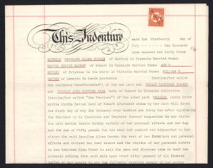 TASMANIA - Revenues: 1923-43 Numeral Stamp Duties on complete documents comprising perforated 2/6d mauve (security underprint) & 5/- bistre on 1923 conveyance document, perforated 6d violet on 1927 Riverside Tin Mining (Avoca) share certificate, perforate