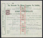 TASMANIA - Revenues: 1923-43 Numeral Stamp Duties on complete documents comprising perforated 2/6d mauve (security underprint) & 5/- bistre on 1923 conveyance document, perforated 6d violet on 1927 Riverside Tin Mining (Avoca) share certificate, perforate - 4