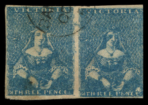 VICTORIA: 1854 (SG.24) Campbell 3d blue horizontal pair [15-16], margins just shaved (at right) to good, the right-hand unit with "Eye patch over Queen's left eye" and "Heavy shading over the right side of Queen's face"; minor bend and a few spots on left
