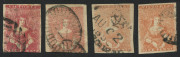 VICTORIA: 1854-57 (SG.26-28) Campbell & Fergusson 1d Half-Lengths shades group comprising brown, brick-red, dull rose-red (just shaved a base), bright rose-pink (close margins, just shaved at base) & dull brown-red (weak transfer at base & very fine barr - 2