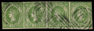 VICTORIA: 1857 (SG.41a) imperf 1d deep green Emblems strip of 4, complete margins (very close on lower left side), Reversed BN '6' cancels of Port Fairy. Rare multiple of an underrated shade.