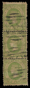 VICTORIA: 861-62 (SG.103a) Netted Corners Wmk 'ONE/PENNY' 1d olive-green vertical strip of 3, BN '58' cancels of Elphinstone. Very scarce multiple.