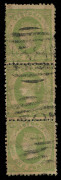 VICTORIA: 861-62 (SG.103a) Netted Corners Wmk 'ONE/PENNY' 1d olive-green vertical strip of 3, BN '58' cancels of Elphinstone. Very scarce multiple.