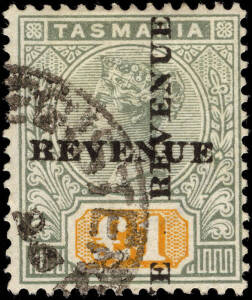 1900 (SG.F39)&nbsp;&pound;1 Tablet overprinted REVENUE with M (2), postally used (Burnie Nov.26 1900) and CTO (Hobart Nov.30 1900) and REVENUE double (F39a) used with Registered cancel and M. Excellent lot in fine condition. Cat.&nbsp;&pound;1100+. (6).
