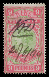 VICTORIA - Revenues: 1886-96 (SG.324-328) £5 to £9 Stamp Duty set, £8 Wmk V/Crown Upright (inverted) other values Wmk V/Crown Sideways, strong colours and none of the usual pinholes, all with 1894 pen cancels, Elsmore Online, Cat. $1,250