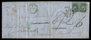 VICTORIA - Postal History: 1853 (Nov.29) cover to England per S.S.Chusan with Ham 3d 'Frame-Lines Added' pair (SG.11, margins largely complete) tied by Barred Oval '1' cancels, adjacent MELBOURNE crown oval datestamp partially ties the left-hand unit, rated "8/2" increasing to "8/6" for a redirection (likely for a bundle of letters delivered together, as the single letter rate was 6d), London & Sidmouth backstamps, Northwich arrival datestamp in green on face.