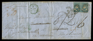VICTORIA - Postal History: 1853 (Nov.29) cover to England per S.S.Chusan with Ham 3d 'Frame-Lines Added' pair (SG.11, margins largely complete) tied by Barred Oval '1' cancels, adjacent MELBOURNE crown oval datestamp partially ties the left-hand unit, rat