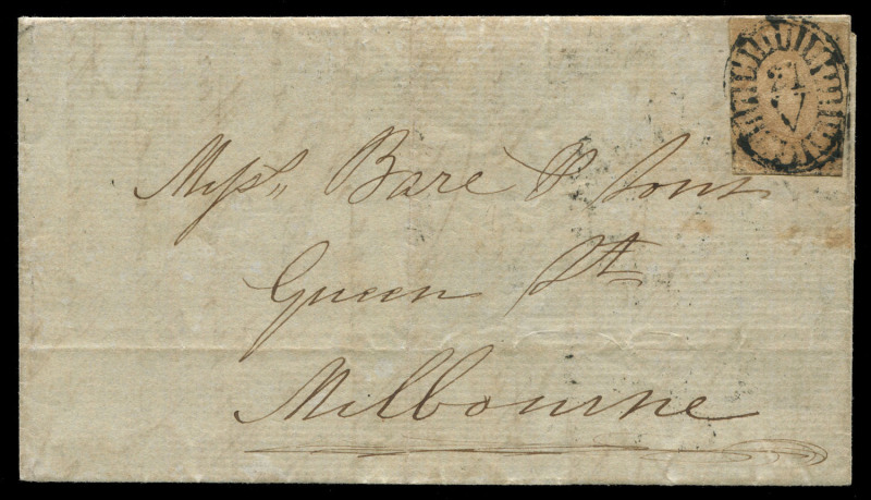 VICTORIA - Postal History: 1855 (Sep.24) entire to Melbourne with Ham 2d cinnamon Half-Length tied by fine strike of Barred Oval '21' of FIERY CREEK (rated R) with clear strike of 'FIERY CREEK/(crown)/SE24/1855/VICTORIA' oval datestamp on flap (WWW.20, r