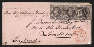 VICTORIA - Postal History: 1859 (Sept.) cover to London endorsed "Per Mail Steamer Bombay" with Emblems 2d violet Rouletted 5½-6½ on horizonatally laid paper SG.70 strip of 3 tied by BN '78' cancels of St Kilda (rated 'R'), indistinct crown oval & MELBOURNE departure backstamps, LONDON arrival datestamp on face, filing crease running through adhesives & small cover tear clear of the stamps.
