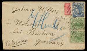 VICTORIA - Postal History: 1884 (Mar.11) cover to Germany franked for correct 8½d rate "via Brindisi" with 6d Ultramarine, 1d Green pair + ½d rose-red tied by BN '947' cancels, BARMAH 'MR11/84' datestamp alongside, on reverse ECHUCA (Mar.11), MELBOURNE (M