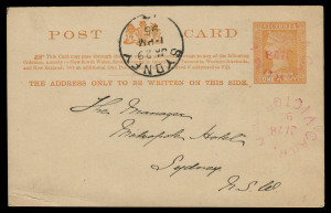 VICTORIA - Postmarks: CARRUM: 1895 use of 1d Postal Card to Sydney with clear strike of unframed 'CARRUM/JA28/95' (WWW.10) datestamp in red, coloured datestamps unrecorded for this type, Rated 2R (in black).