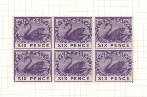 WESTERN AUSTRALIA: 1885-93 Wmk Crown CA Sideways selection with ½d (34) incl. two mint blocks of 9 one a Plate 1 corner block, the other with marginal guide lines, 2d (32) including four mint blocks of 4 (lower units MUH), 2½d (26) incl. mint block of 4 (lower units MUH), 3 pairs & single, 6d (34) incl. mint block of 6, two blocks of 4, a pair & two mint singles; plus range of mostly used singles, condition generally fine/very fine. (128)