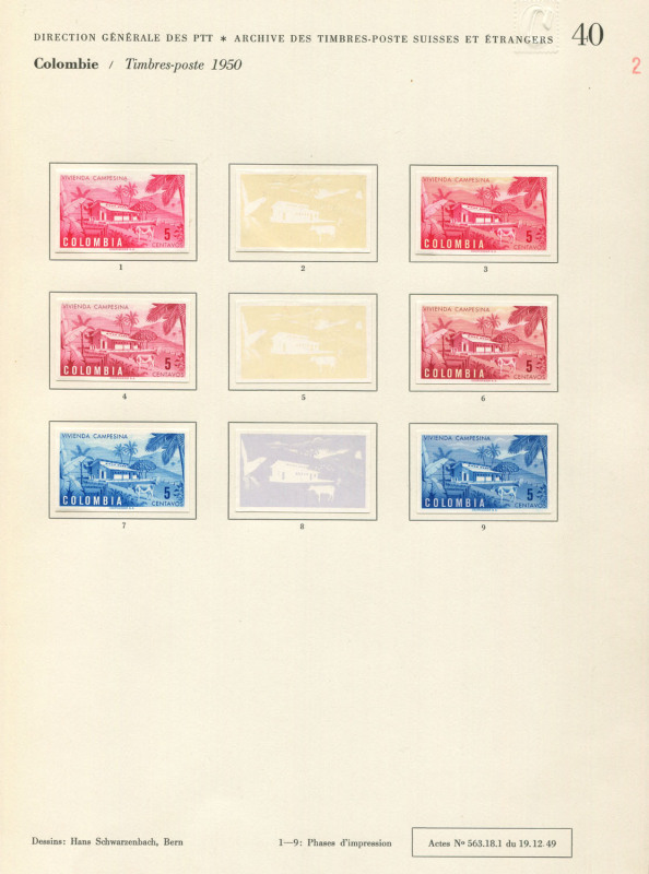 REST OF THE WORLD - Thematics: Agriculture - Proofs: Colombia 1950 Rural Life Courvoisiers' original colour trial printings & completed designs all imperforate and affixed to the official Archival album pages [#40 & 41], dated 19/12/1949 and showing the d