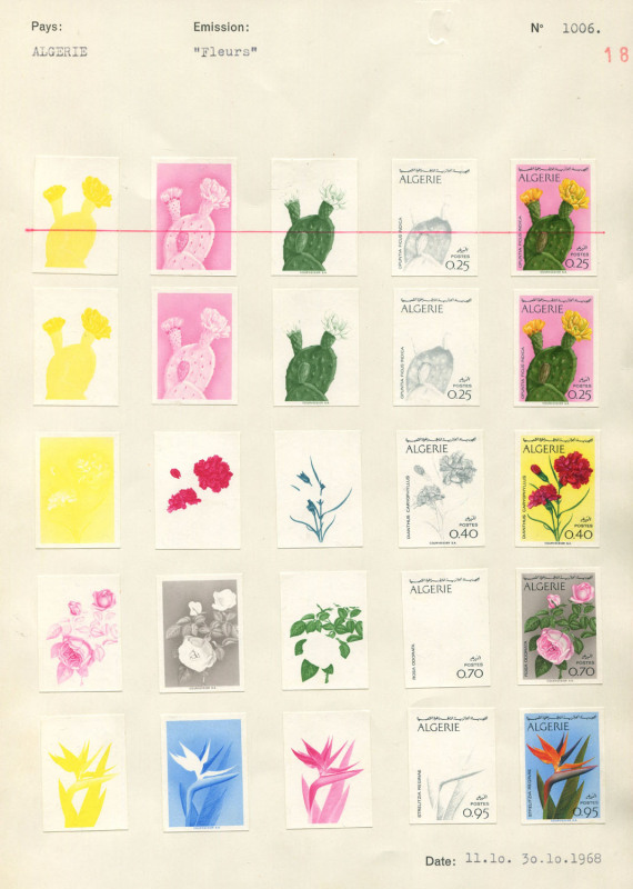 REST OF THE WORLD - Thematics: Flowers & Plants - Proofs: Algeria 1969 Flowers Issue, Courvoisiers' original colour separations and completed designs, all imperforate and affixed to the official Archival album page [#1006], dated 30/10/1968. Beautiful and